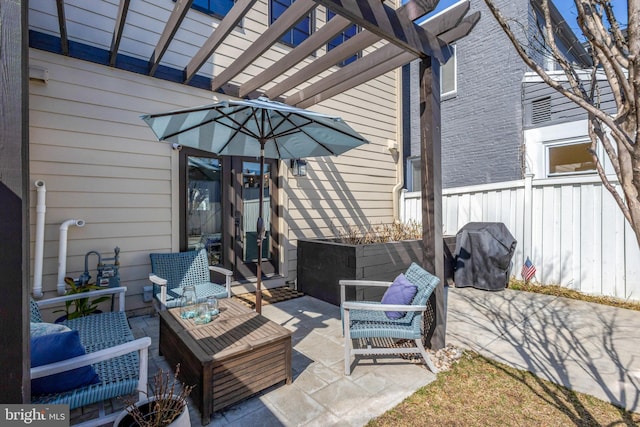 wooden deck featuring grilling area, an outdoor living space, fence, a patio area, and a pergola