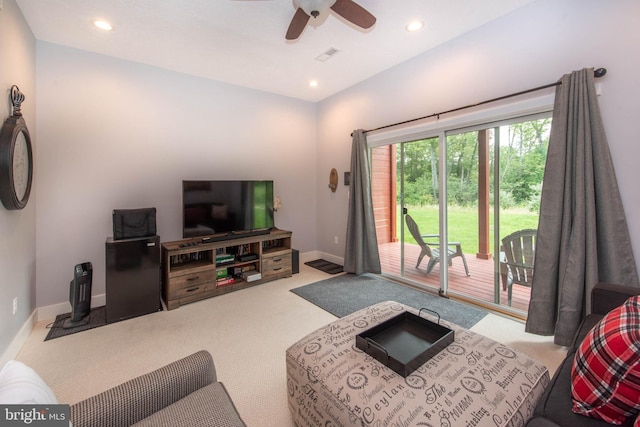 carpeted living room featuring visible vents, recessed lighting, a ceiling fan, and baseboards