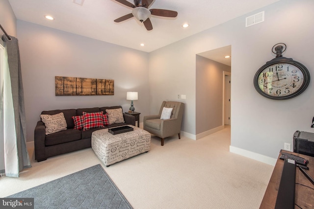 living area with visible vents, baseboards, carpet floors, recessed lighting, and a ceiling fan