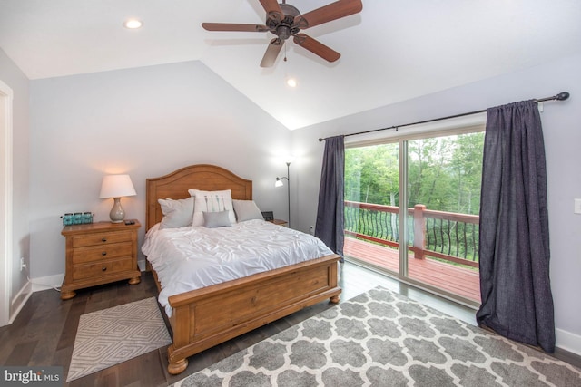 bedroom with access to exterior, baseboards, lofted ceiling, and wood finished floors