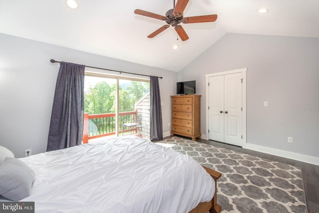 bedroom with vaulted ceiling, recessed lighting, access to exterior, and baseboards