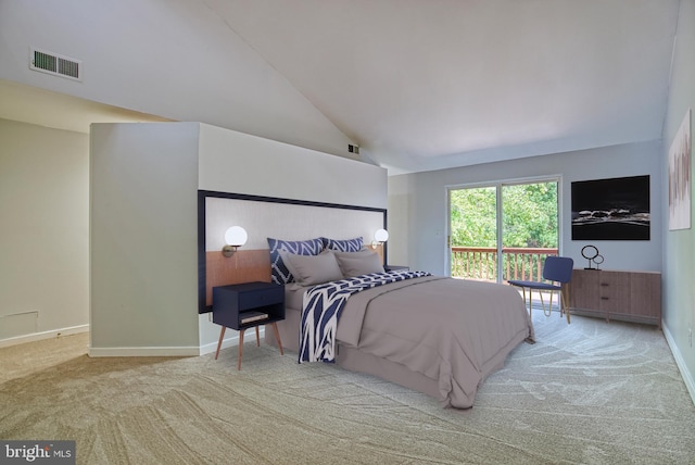 bedroom featuring visible vents, carpet floors, baseboards, and access to outside