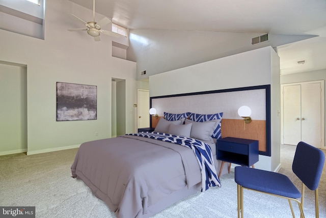 carpeted bedroom with visible vents, baseboards, high vaulted ceiling, and ceiling fan