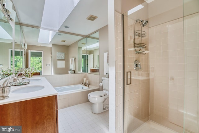 full bathroom featuring visible vents, tile patterned flooring, a shower stall, a garden tub, and toilet