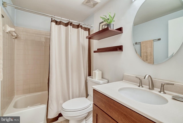 full bathroom with vanity, shower / bath combination with curtain, toilet, and visible vents