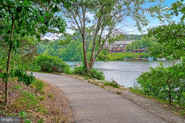 view of home's community with a water view