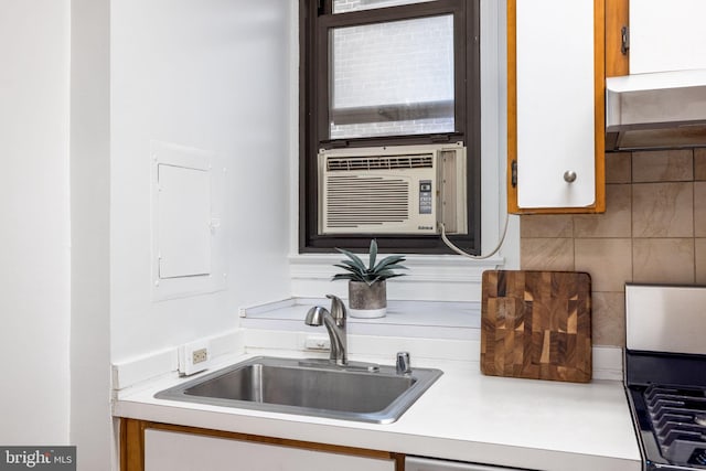 details featuring cooling unit, tasteful backsplash, under cabinet range hood, and a sink