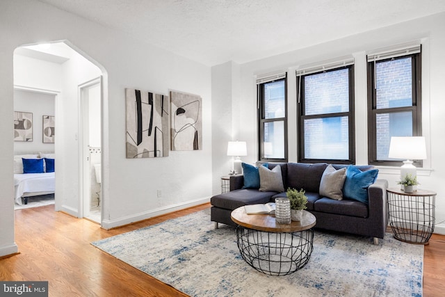 living room with wood finished floors, arched walkways, a wealth of natural light, and baseboards