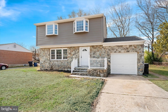 colonial inspired home featuring stone siding, an attached garage, concrete driveway, and a front lawn