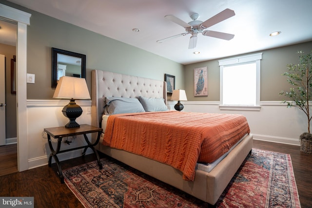 bedroom featuring recessed lighting, baseboards, wood finished floors, and a ceiling fan