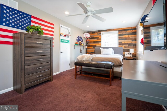 bedroom with recessed lighting, visible vents, baseboards, and dark carpet