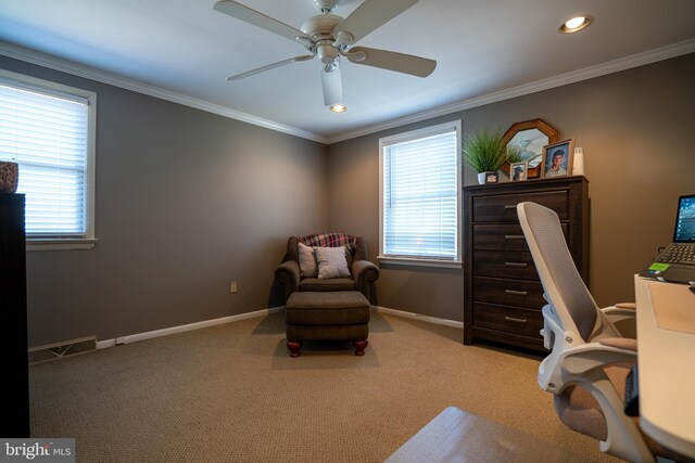 carpeted office space with recessed lighting, visible vents, baseboards, and crown molding