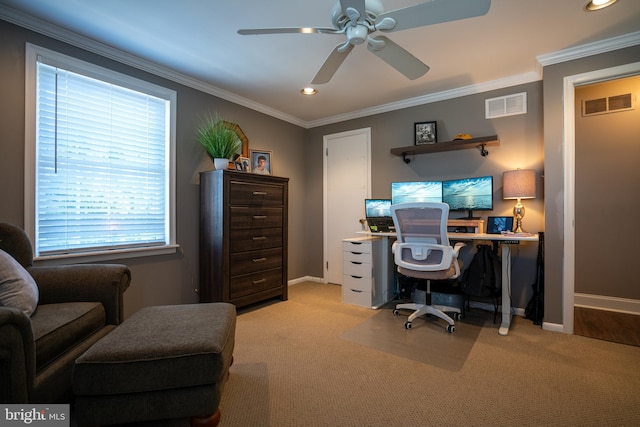 home office featuring visible vents, crown molding, and baseboards