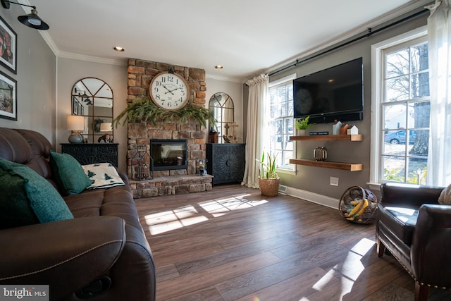 living room with a large fireplace, crown molding, baseboards, recessed lighting, and wood finished floors