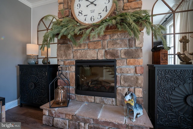 details with a glass covered fireplace, wood finished floors, baseboards, and ornamental molding