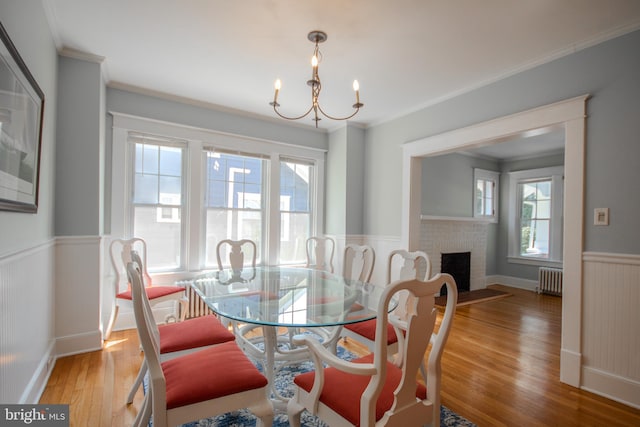 dining space featuring wood finished floors, a wainscoted wall, radiator heating unit, a fireplace, and ornamental molding