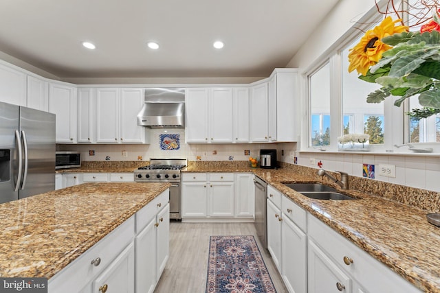 kitchen with a sink, stainless steel appliances, white cabinetry, wall chimney range hood, and backsplash