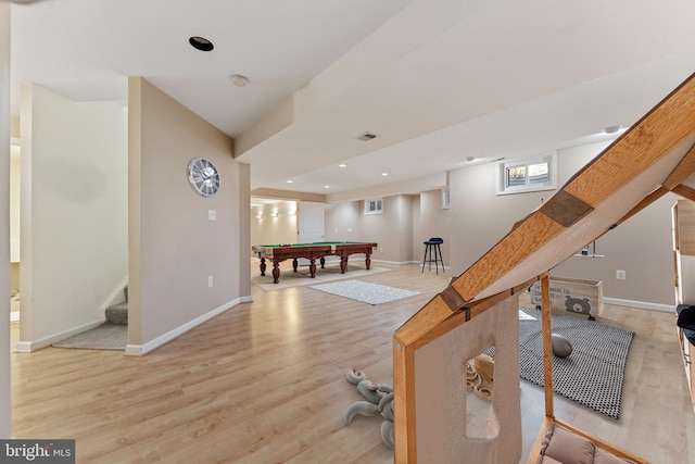 recreation room featuring visible vents, wood finished floors, recessed lighting, pool table, and baseboards