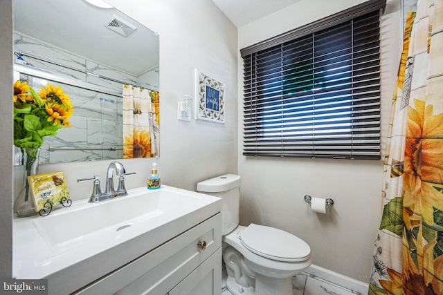 full bathroom featuring visible vents, curtained shower, toilet, marble finish floor, and vanity