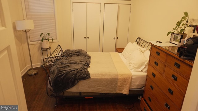 bedroom with two closets and wood finished floors