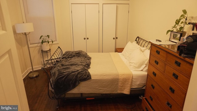 bedroom with two closets and wood finished floors