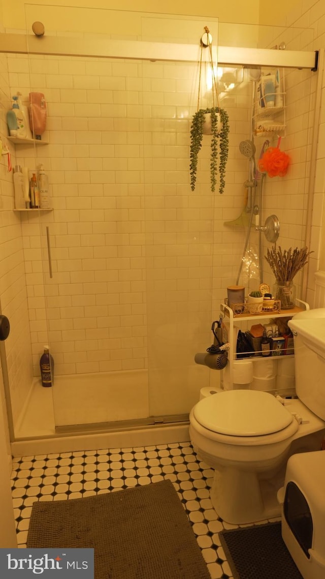 full bathroom featuring a stall shower and toilet