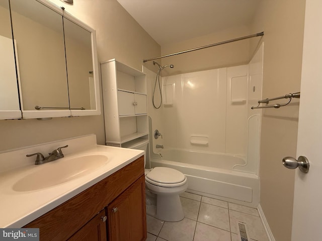 full bathroom featuring vanity, visible vents, tile patterned flooring, shower / bathing tub combination, and toilet