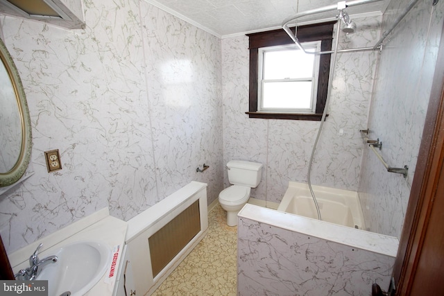 bathroom featuring wallpapered walls, toilet, vanity, and ornamental molding