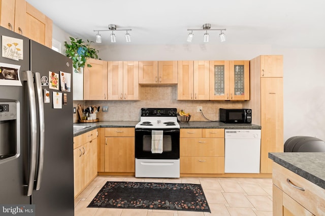 kitchen with light brown cabinets, stainless steel fridge with ice dispenser, electric stove, black microwave, and dishwasher