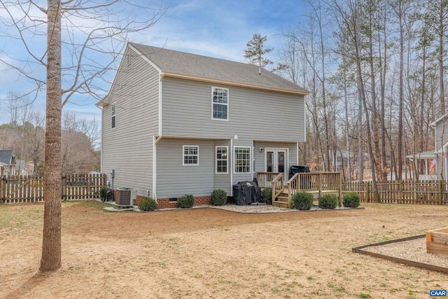 back of house with fence, a wooden deck, central AC unit, french doors, and crawl space