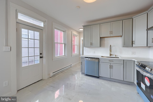 kitchen with baseboard heating, gray cabinets, appliances with stainless steel finishes, and a sink