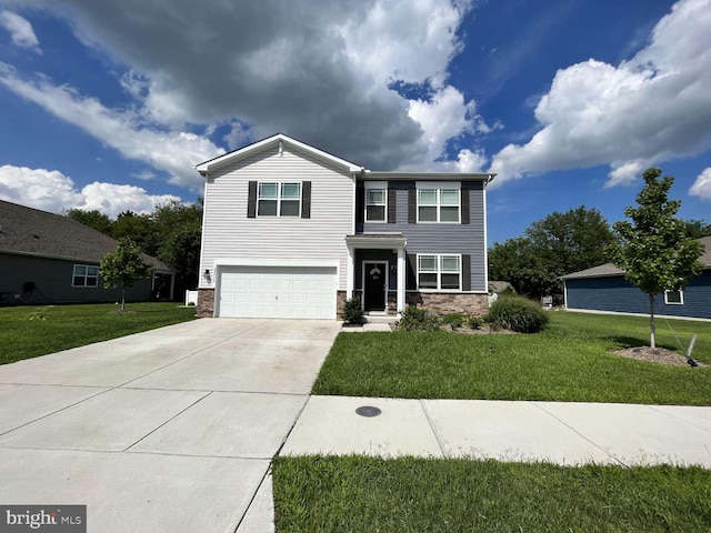 view of front of house featuring a garage, concrete driveway, a front lawn, and stone siding