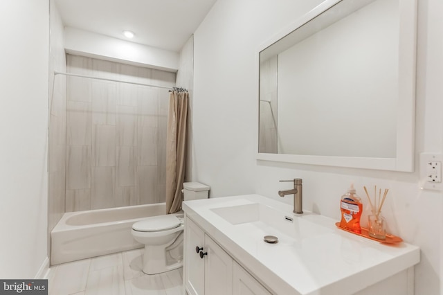 full bath featuring vanity, shower / tub combo, and toilet