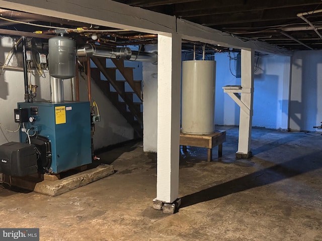 unfinished below grade area with stairs, gas water heater, and a heating unit