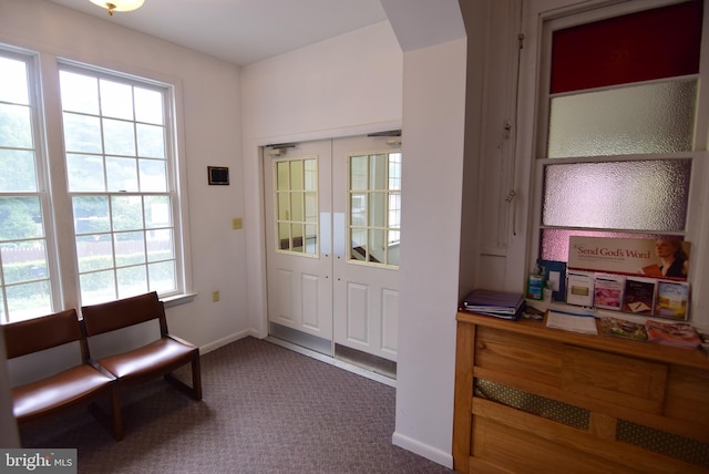 entryway with baseboards and carpet floors