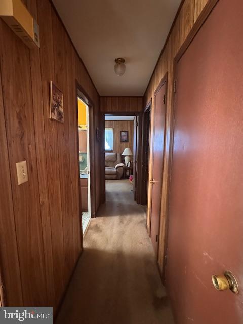 corridor with wood walls and carpet floors