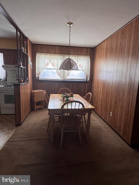 dining space featuring wooden walls and dark colored carpet