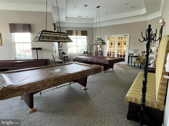 playroom featuring carpet, a raised ceiling, pool table, and ornamental molding
