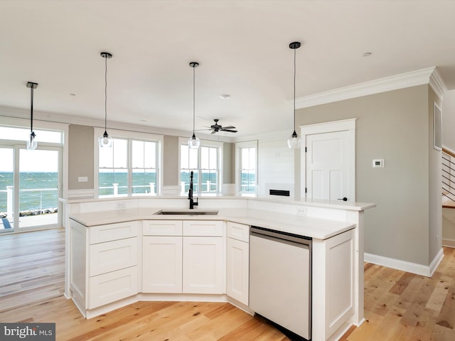 kitchen featuring a sink, light wood-type flooring, dishwasher, and crown molding