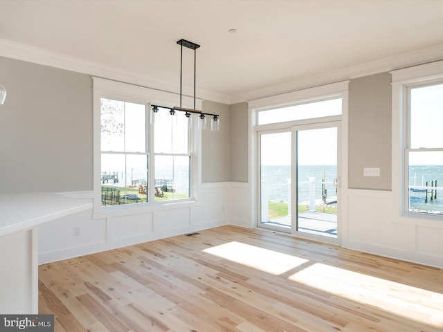 unfurnished dining area featuring a decorative wall, wainscoting, light wood-type flooring, and crown molding