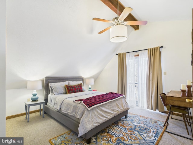 carpeted bedroom featuring ceiling fan, baseboards, and lofted ceiling