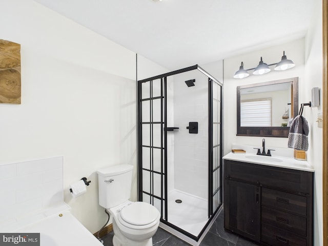 full bathroom with vanity, a shower stall, and toilet