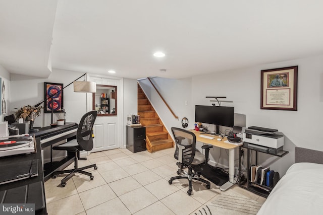 office with light tile patterned flooring and recessed lighting