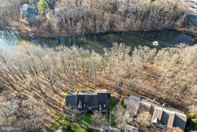 bird's eye view featuring a water view and a wooded view