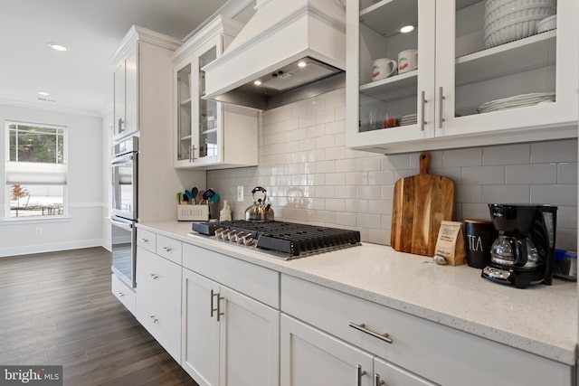 kitchen featuring custom exhaust hood, appliances with stainless steel finishes, white cabinets, and dark wood-style flooring