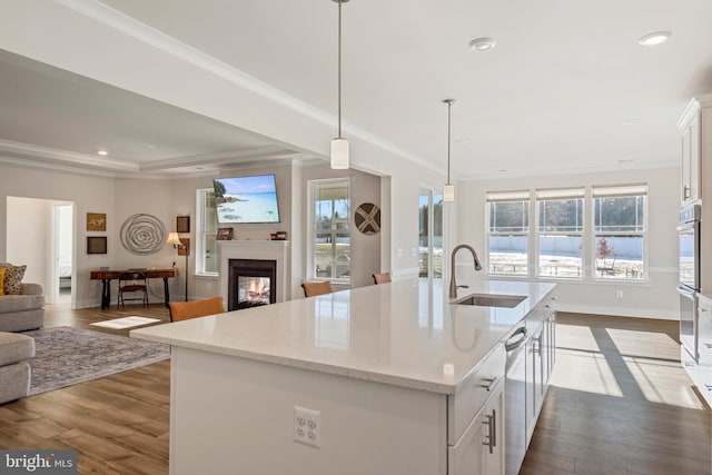 kitchen with dark wood finished floors, open floor plan, a multi sided fireplace, and ornamental molding