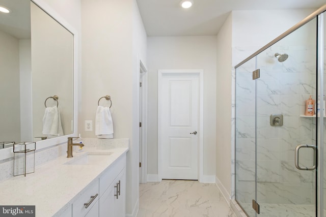 bathroom with recessed lighting, a marble finish shower, baseboards, and marble finish floor