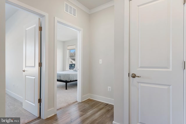 corridor with visible vents, baseboards, wood finished floors, and ornamental molding