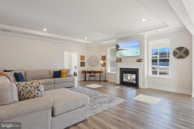 living area featuring baseboards, a raised ceiling, wood finished floors, and crown molding