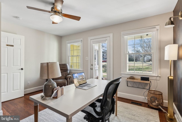 office space with a ceiling fan, visible vents, wood finished floors, and baseboards